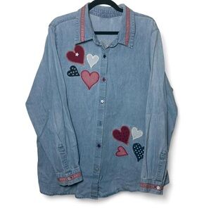 Vintage Denim Button Down XL/XXL Patchwork Hearts Embroidered Grandmacore